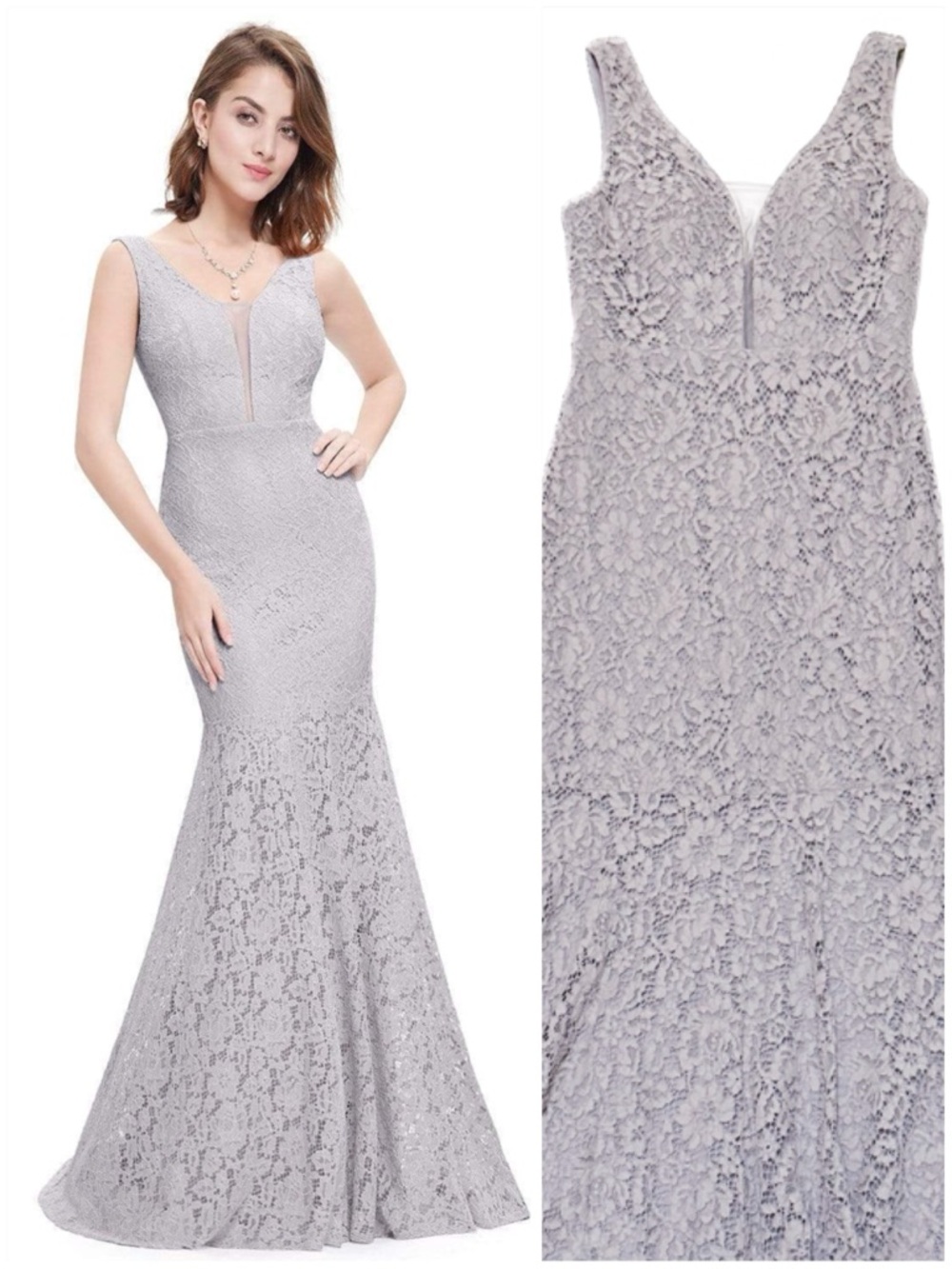 Ever Pretty V-Neck Lace Mermaid Hem Evening Gown Lavender Grey Formal Dress